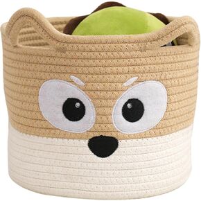 Cute Small Storage Basket - 10 x 8 in Round Angry Puppy Cotton Rope Woven Basket, Light Brown Mini Shelf Organizer for Towels, Baby Clothes & Dog/Cat Toys