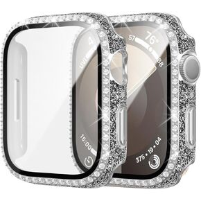 2 Pack Bling Case for Apple Watch SE 2 Series 6/5/4 SE Tempered Glass Screen Protector 44mm, Full rhinestone Diamond Hard PC Cover for iWatch Accessories,Black