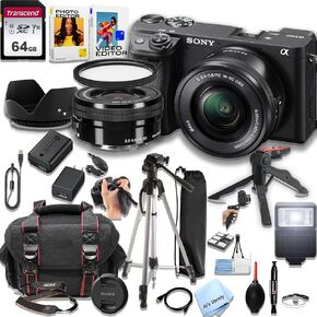 Sony a6400 Mirrorless Camera with 16-50mm Lens + 64GB Memory, Filters,Case, Tripod, Flash, and More (28pc Bundle) (Renewed)