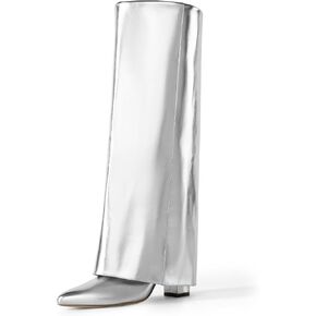 DREAM PAIRS Women's Knee High Boots Fold Over Chunky High Heels Long Boots Zipper Pointed Toe Dress Tall Boots Party Fashion Boots