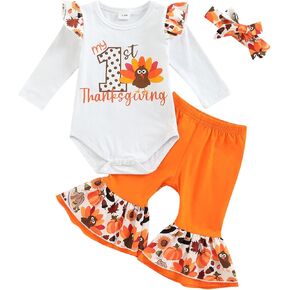 Newborn Baby Girl My 1st Thanksgiving Outfit Long Sleeve Turkey Romper Bell Bottom Pants Headband 3Pcs Set