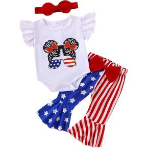 4th of July Baby Girl Outfits Newborn Ruffle Sleeve Romper Flare Pants Headband Memorial Day Clothes