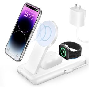 3 in 1 Wireless Charging Station for Apple, Magnetic Foldable Charger for Magsafe, Fast Charging Portable Charger Stand for iPhone 15/14/13/12/Pro/Pro Max Apple Watch, AirPods-White