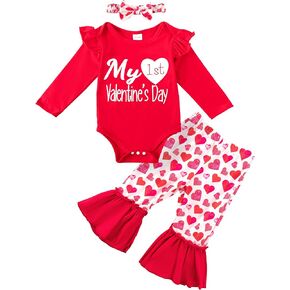 My First Valentines Day Baby Girl Outfit Red Ruffle Long Sleeve Bodysuit Love Pattern Bell Pants Turban 3Piece Set