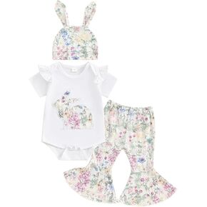 KOSUSANILL Easter Outfit Baby Girl Ruffle Short Sleeve Bunny/Rabbit Romper Floral/Flower Bell Bottoms with Hat Summer Clothes
