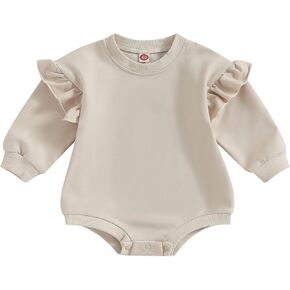 ZAXARRA Infant Toddler Baby Girl Outfits Solid Color Ruffle Long Sleeve One Piece Romper Coming Home Fall Winter Sweatshirt