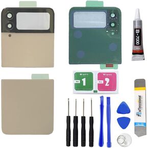 Replacement Repair Battery Back Glass Cover Back Housing Door Rear Panel for Samsung Galaxy Z Flip4 / Flip 4 SM-F721, with Tape and Tools (with Camera Lens) (Black)