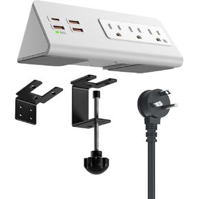 Power charge station Edge clamp Mount with USB-C ports，Tabletop Surge Protector, Desk Clamp Power Sockets with 3 AC Outlets and 4 Fast Charging USB Ports for Home Office Hotel and Dormitory (Black)