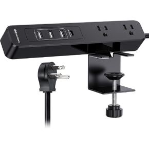 [ETL Listed] Cable Matters GaN Desk Clamp Power Strip with 65W USB-C Port, 3X USB-A Ports, 2X AC Outlets 6ft, Black, Desk Power Strip/Desk Power Station for Laptops, iPad Pro, Surface Pro, iPhone 15