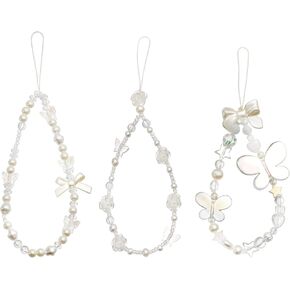 3pcs Beaded Phone Straps, Cute Butterfly Phone Charm Bow Tie Flower Phone Chain Lanyards Decorative Phone Wristlet Mobile Phone Bracelet Gifts for Women Girls
