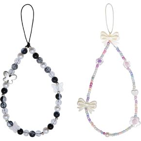 2pcs Beaded Phone Charms, Butterfly Bows Flowers Pearls Mobile Beaded Lanyard Cell Phone Straps Aesthetic Phone Chain Cellphone Wrist Straps for Girls Woman