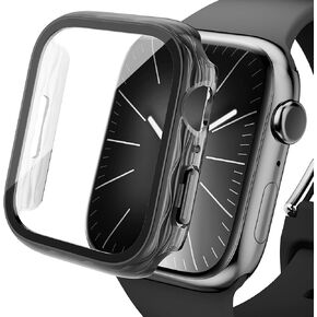 Hard PC Case Compatible with Apple Watch Series 9 Series 8 Series 7 41mm 45mm,with Tempered Glass Screen Protector Full Coverage Scratch Resistant Cover for iWatch 9/8/7 Bumper(Black，41mm)