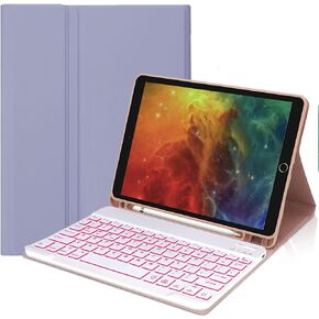 حافظة لوحة مفاتيح لجهاز iPad الجيل السادس (2018)، الجيل الخامس (2017)، Air 2/Air 1، iPad Pro 9.7، حافظة لوحة مفاتيح بلوتوث بإضاءة خلفية مع حامل أقلام، غطاء لوحة مفاتيح Smart Folio (أرجواني)