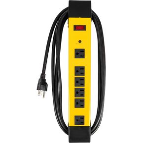 Heavy Duty Surge Protector Power Strip 6 Outlets, 14/3 SJT 9 ft Extension Cord 3 Prong, Industrial Powerstrip Black & Yellow Metal Surge Suppressor with 15 ft Long Extension Cord, ETL Listed