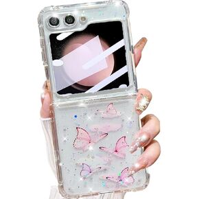 for Samsung Galaxy Z Flip 6 5G Clear Glitter Butterfly Case, Cute Bling Sparkle Shiny Soft Silicone TPU Bumper Shockproof Women Girls Slim Protective Phone Cover for Galaxy Z Flip 6 5G (Pink)