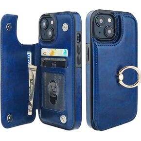 for iPhone 15 Wallet Case with Card Holder, 360° Rotation Ring Kickstand RFID Blocking PU Leather Double Magnetic Clasp Shockproof Cover for Women and Girls 6.1 Inch (Black)