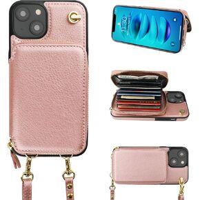 حافظة محفظة Bocasal Crossbody لهاتف iPhone 14، حافظة محفظة جلدية تحجب RFID مع حامل بطاقة، غطاء قلاب لحقيبة اليد مع سحاب حزام معصم للنساء 5G 6.1 بوصة (أسود)