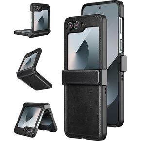 Foluu for Samsung Galaxy Z Flip 6 Case, Z Flip 6 Case with Hinge Protection PU Leather + Hard PC Shell Ultra Thin Slim Durable Protective Case for Samsung Galaxy Z Flip6 5G 2024 (Black)