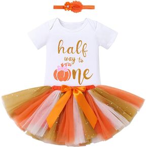 IBTOM CASTLE Pumpkin Party Outfit for Toddler Baby Girl 1st Halloween Princess Romper + Tutu Skirt Set + Headband Photo Shoot