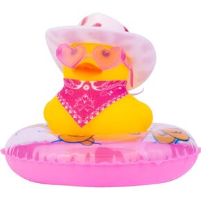 Cowboy Car Rubber Duck Yellow Duck Dashboard Decoration Cool Duck Car Ornaments with Mini Cowboy Hat Scarf Sunglasses Swim Ring(Pink&White)