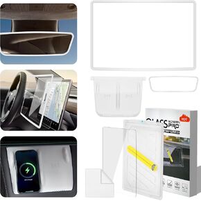 Tesla Model Y /3 Screen Protector with Frame and Rear View Mirror Frame, Tesla Model Y /3 Center Console Silicone Pad for Model Y(2020-2024) Model 3(2017-2023) (White)