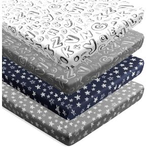 4 Pack Fitted Pack N Play Sheets for Baby Boys Neutral Unisex Breathable Soft Toddler Mini Crib Sheets for Pack and Play Mattress (Letter Print)