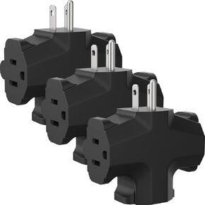 3 Way Plug Adapter, 3 plug wall adapter, 3 Prong, Grounded, 15A, 1875W, Multiple Plug Expander for Home, Outdoor, ETL Listed, Black, 3PACK
