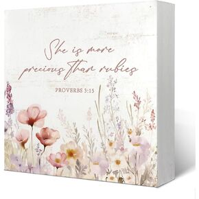 Girl Nursery Decor,Baby Girl Nursery Decor,Proverbs 3:15 Sign,Wildflower Flower Nursery Bible Verse Floral Wooden Box Desk Decor for Bedroom Playroom Baby Girl Gift 5x5 Inch