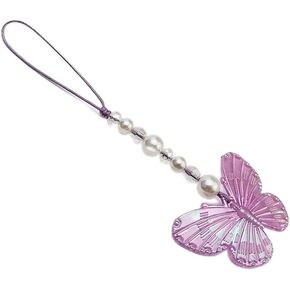 Purple Luminous Butterfly Pendant Phone Lanyard Short Pearl Beads Hand Wrist Phone Chain, Handmade Butterfly Charms Keychain Phone Case Decoration Accessories