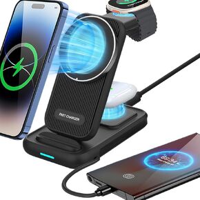 حامل شاحن مغناطيسي Wrotgt Magsafe شاحن 4 في 1 شاحن لاسلكي آمن للهاتف ومحطة شحن الساعة متوافق مع iphone 15 pro max 14 13 12 airpods iwatch samsung google وغيرها