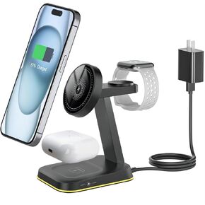 3 in 1 Magnetic Wireless Charging Station for Apple MagSafe Devices,Fast Wireless Charging Stand for iPhone 15 14 13 12 Series,Wireless Charger for Apple Watch 9 8 7 6 5 4 3 2 Ultra, Airpods Pro 3 2