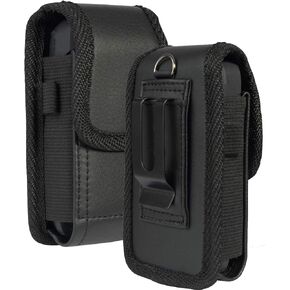 Case for Consumer Cellular Flip Phone, Nakedcellphone Black Vegan Leather Pouch [Belt Loop, Metal Clip, Magnetic Closure] for Iris Easy Flip, Verve Snap, Link 2, Jitterbug Flip2, Easyfone t300