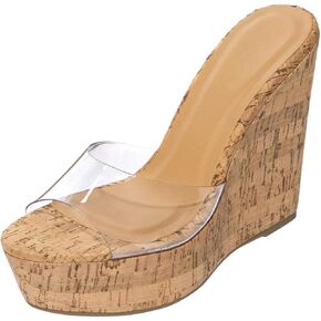 BAMBOO Women's Lucite Clear Wedge Heel Open Toe Slip On Mule Dress Shoe