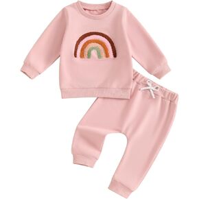 Baby Girl Fall Clothes Rainbow Embroidery Crewneck Sweatshirt and Pants Set 2Pcs Sweatsuits Fall Casual Outfit