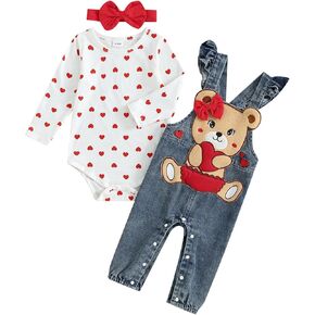 Infant Toddler Baby Girl Valentines Day Outfit Long Sleeve Romper Denim Overalls Headband Fall Winter Clothes 3Pcs