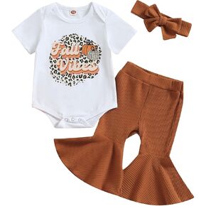 Toddler Girl Halloween Clothes Set Funny Pumpkin Letter Bodysuit Romper+Ribbed Flare Pants Trendy Fall 3Pcs Outfit in Kuwait