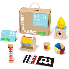 Montessori Toys for Babies 0-6 months, 6 in 1 Learning Educational Kit including Rain Stick, Tissue Box, Spinning Drum, Baby Roller and Trainning Ball