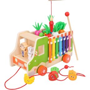 Montessori Wooden Educational Toys Includes Carrot Harvest Game Sorting and Stacking Toys Magnetic Fishing Game Montessori Wooden Activity Bus Walk-A-Long Toy Truck for Boys Girls Kids…