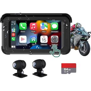 Motorcycle DVR Dash Cam with Wireless Carplay, Android Auto, HD 1080P Cameras, GPS G-Sensor, Siri & Intelligent Voice, 5" IPS Touch Screen, WiFi, Bluetooth, and Waterproof TTXSCAM MT02-B
