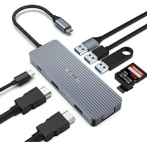 محول عرض ثلاثي USB C Hub 9 في 1 لجهاز MacBook Pro/Air Dual HDMI/VGA، محطة إرساء سريعة لأجهزة Dell وSurface وHP وLenovo SD/TF وPD شحن 5 جيجابت في الثانية، USB 3.0/2.0