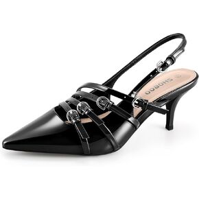 Slingback Kitten Heels for Women Pointed Closed Toe Pumps Multi-Buckle Strappy Shoes