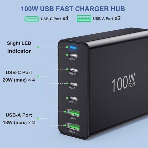 USB C Fast Charger 100W, Agtray GaN 6-Port Charging Station with 4 USB-C + 2 USB-A Multiport Desktop Travel Wall Charger Block Compatible iPhone 14 13 12, iPad, Galaxy S23 Note20 (with EU Plug, White) in Saudi Arabia