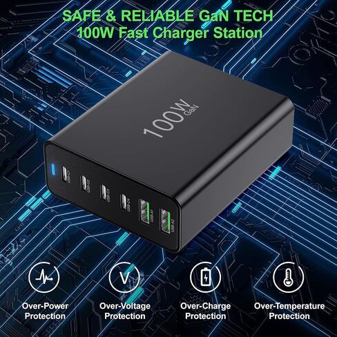 USB C Fast Charger 100W, Agtray GaN 6-Port Charging Station with 4 USB-C + 2 USB-A Multiport Desktop Travel Wall Charger Block Compatible iPhone 14 13 12, iPad, Galaxy S23 Note20 (with EU Plug, White) in Saudi Arabia