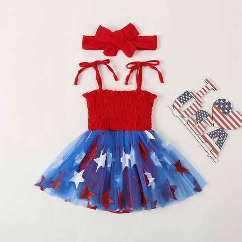 Canrulo 4th of July Baby Girl Summer Outfit American Flag Print Romper Dress Sleeveless Cotton Linen Bodysuit Headband Set in Saudi Arabia