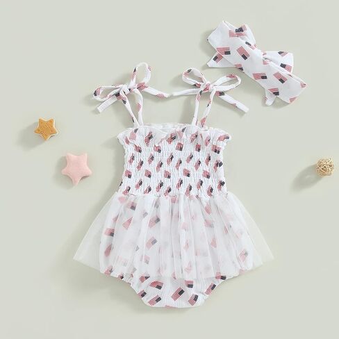 Canrulo 4th of July Baby Girl Summer Outfit American Flag Print Romper Dress Sleeveless Cotton Linen Bodysuit Headband Set in Saudi Arabia