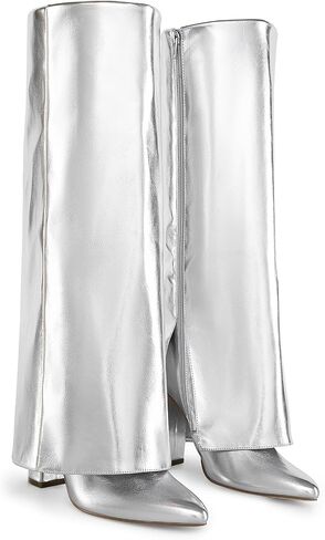 DREAM PAIRS Women's Knee High Boots Fold Over Chunky High Heels Long Boots Zipper Pointed Toe Dress Tall Boots Party Fashion Boots in Saudi Arabia