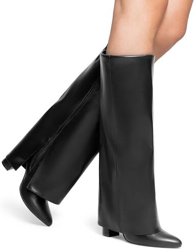 DREAM PAIRS Women's Knee High Boots Fold Over Chunky High Heels Long Boots Zipper Pointed Toe Dress Tall Boots Party Fashion Boots in Saudi Arabia