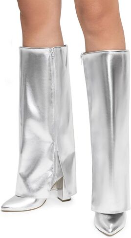 DREAM PAIRS Women's Knee High Boots Fold Over Chunky High Heels Long Boots Zipper Pointed Toe Dress Tall Boots Party Fashion Boots in Saudi Arabia