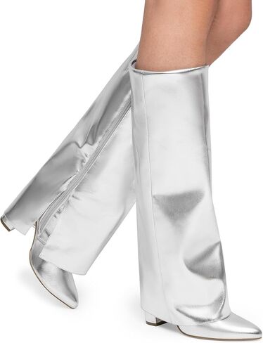 DREAM PAIRS Women's Knee High Boots Fold Over Chunky High Heels Long Boots Zipper Pointed Toe Dress Tall Boots Party Fashion Boots in Saudi Arabia