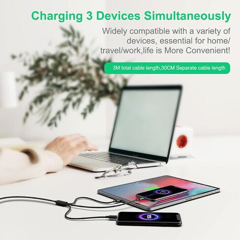 كابل شحن USB عالمي متعدد 3 في 1، محول سلك شحن مجدول من النايلون 3M/10FT مع موصلات Lightning+Type-C+Micro USB لأجهزة Android/iPhone/Apple/iOS/Samsung/Pad Pro/XiaoMi/Huawei (أسود) in Saudi Arabia